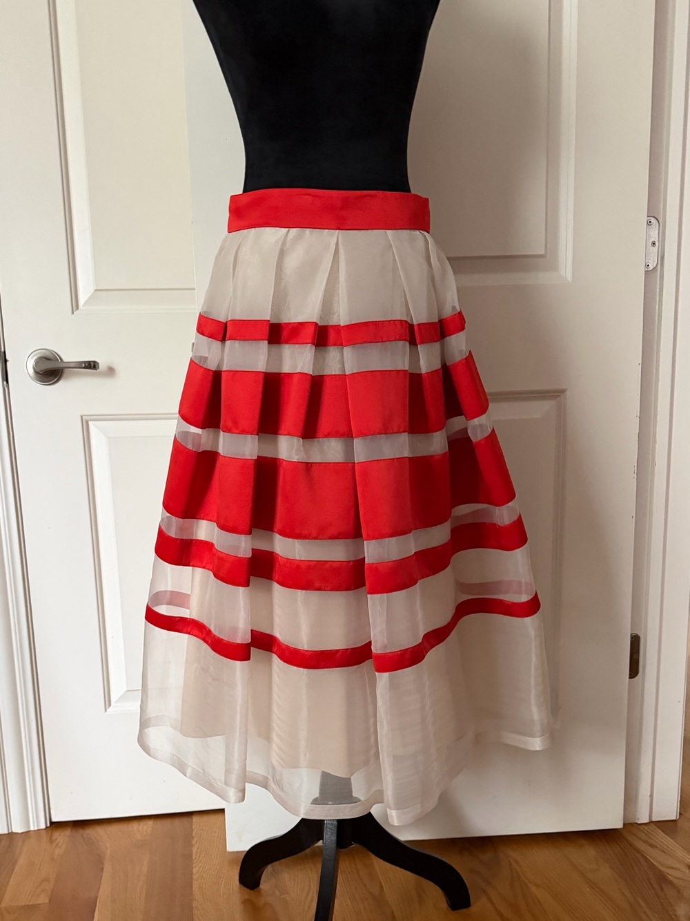Temperley London Red and Cream Striped Midi Skirt